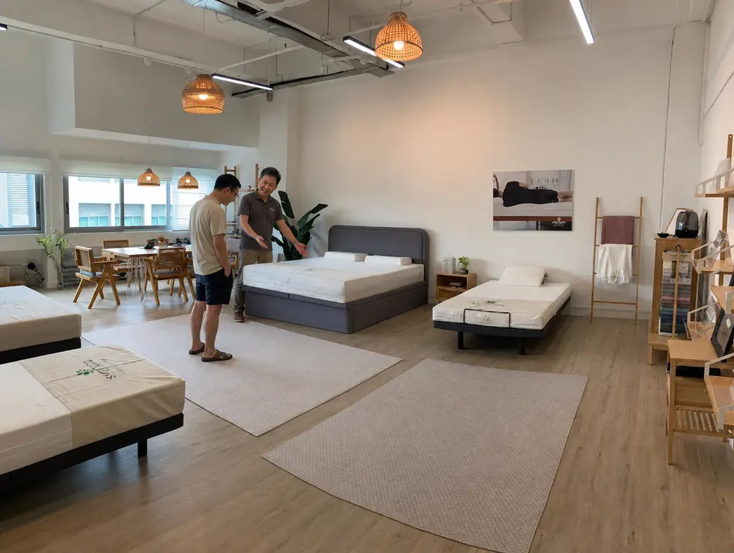 Customer testing a natural latex mattress at the BayShop Sleep Studio in Paya Lebar, Singapore